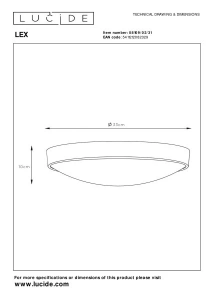 Lucide LEX - Deckenleuchte - Ø 33 cm - 2xE27 - Weiß - TECHNISCH